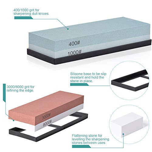 Piedra de Afilar Cuchillo de Piedra Afiladores Manuales de 4 lados, afiladores de cuchillos 400 1000 y 3000 8000 que incluyen base de bambú antideslizante, piedra de aplanamiento, guía de ángulo Reacondicionado on Sale